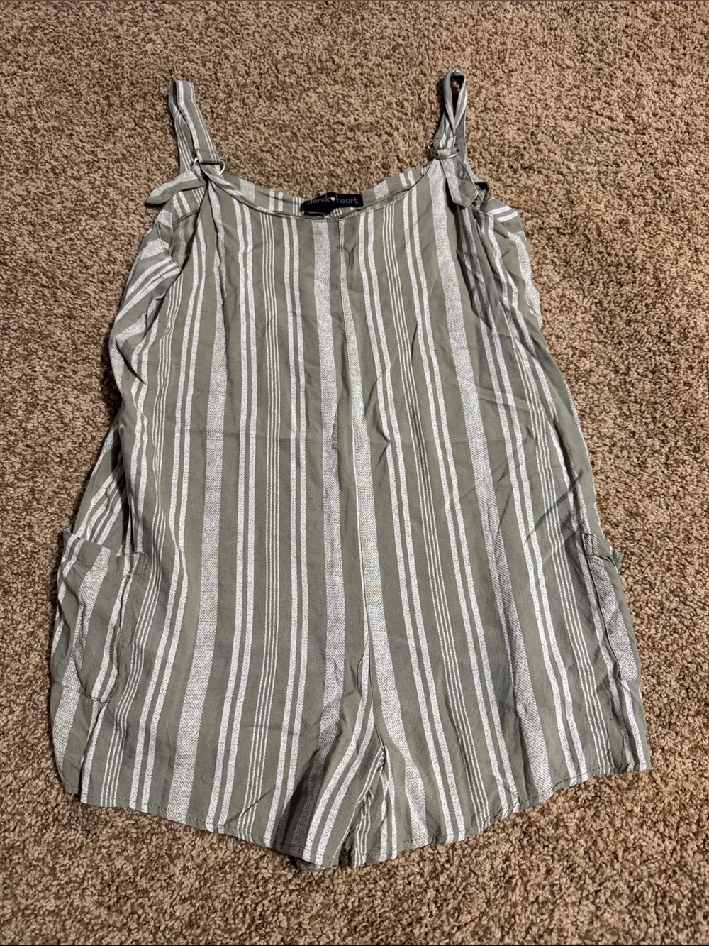 Derek Heart Olive and White Striped Tie-Shoulder Romper